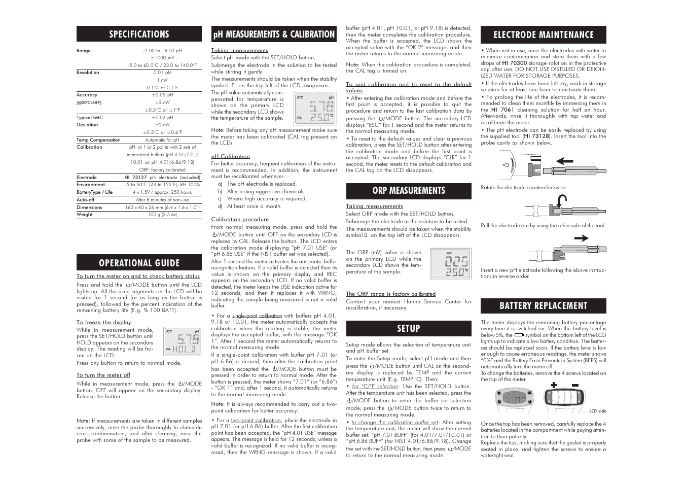 Electrode maintenance, Operational guide orp measurements, Setup specifications | Ph measurements & calibration battery replacement | Hanna Instruments HI 98121 User Manual | Page 2 / 2