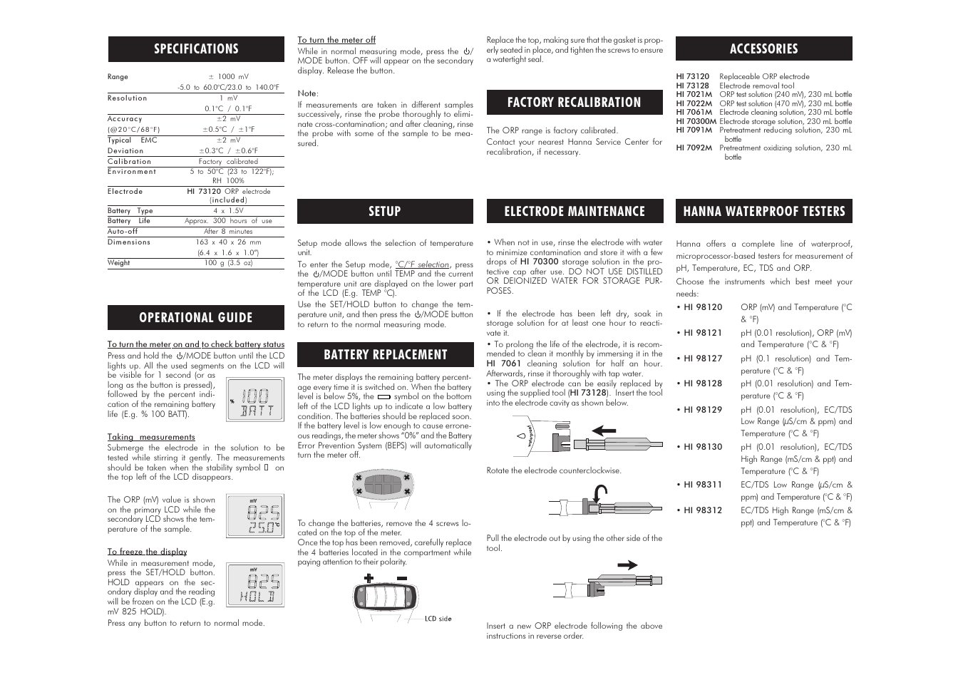 Battery replacement, Electrode maintenance, Specifications | Operational guide, Factory recalibration, Setup accessories, Hanna waterproof testers | Hanna Instruments HI 98120 User Manual | Page 2 / 2