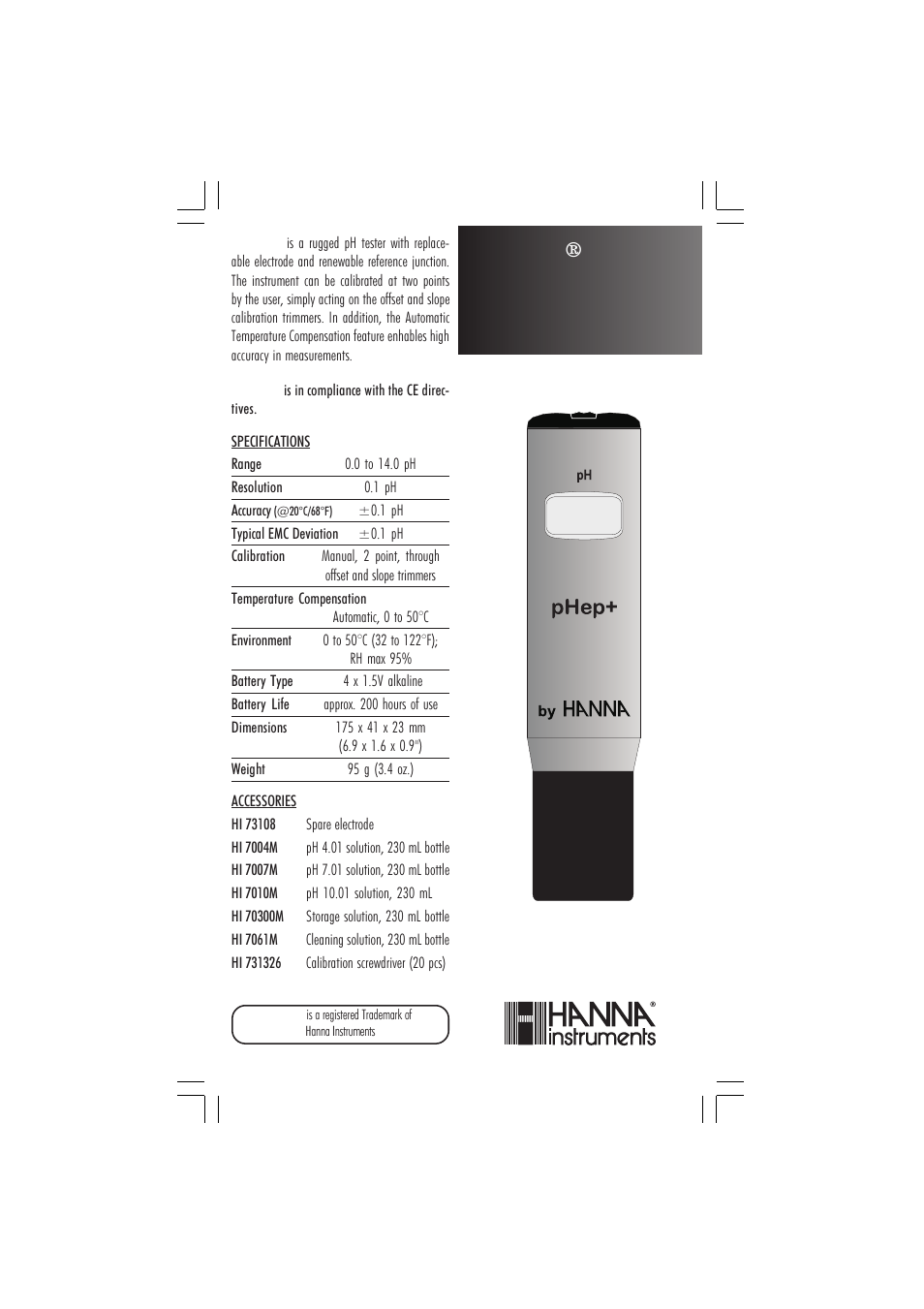 Hanna Instruments HI 98108 User Manual | 2 pages