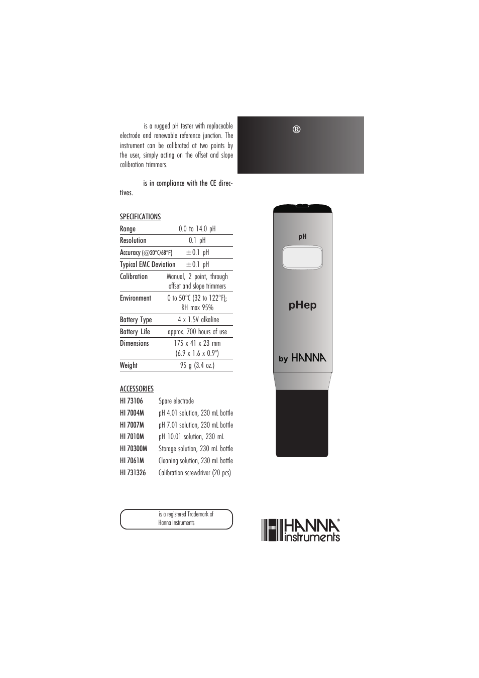 Hanna Instruments HI 98107 User Manual | 2 pages