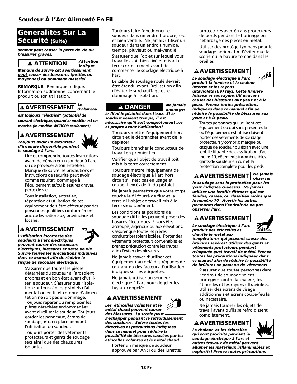 Généralités sur la sécurité, Soudeur à l’arc alimenté en fil, Avertissement | Attention, Danger | Campbell Hausfeld WG3060 User Manual | Page 18 / 48