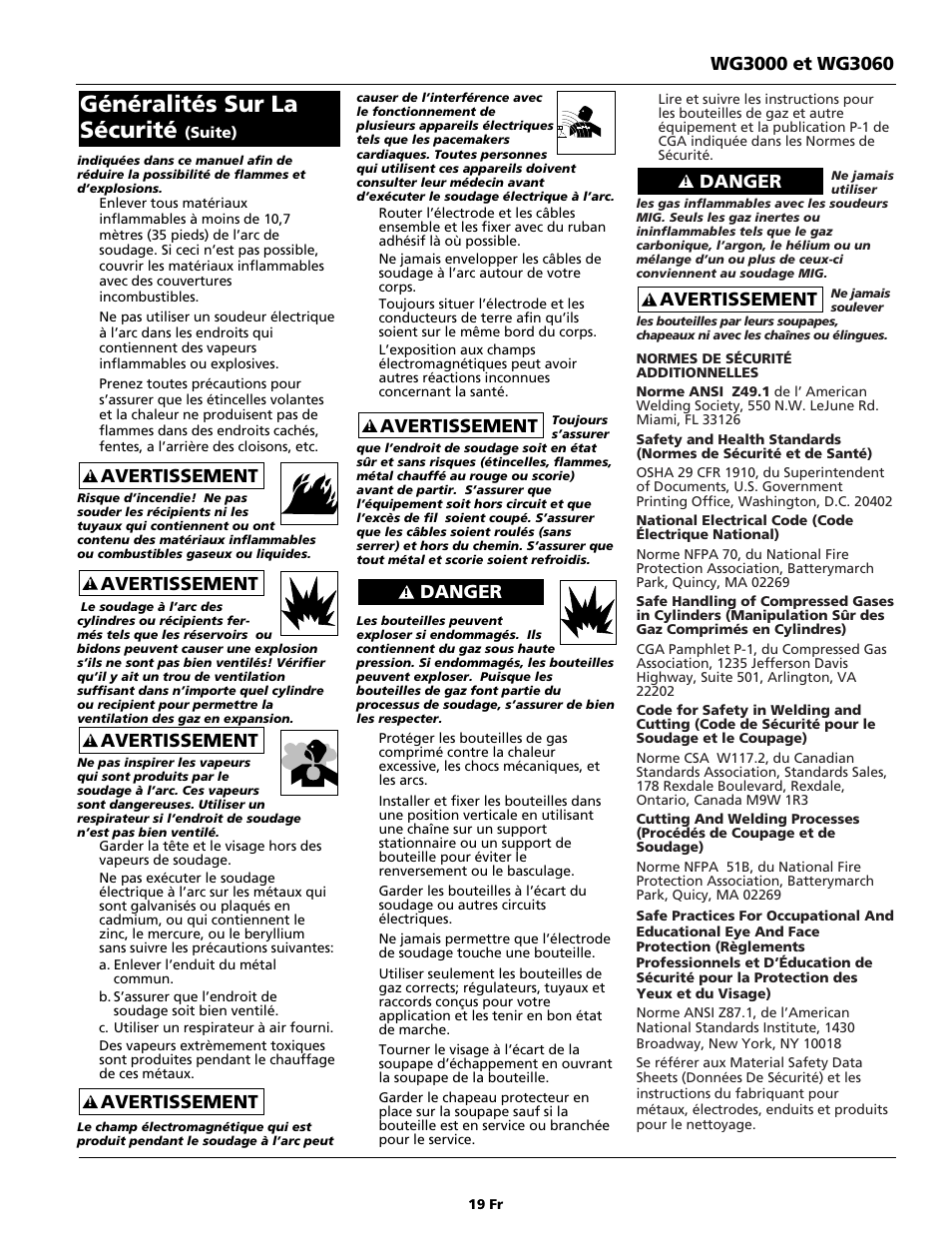 Généralités sur la sécurité, Avertissement, Danger | Campbell Hausfeld WG3060 User Manual | Page 19 / 48