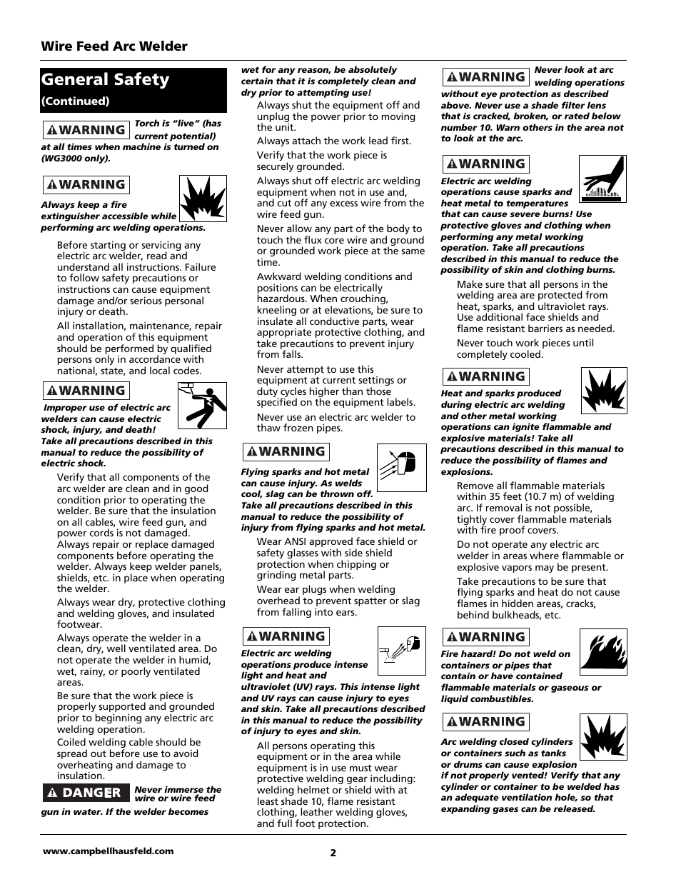 General safety, Wire feed arc welder | Campbell Hausfeld WG3060 User Manual | Page 2 / 48