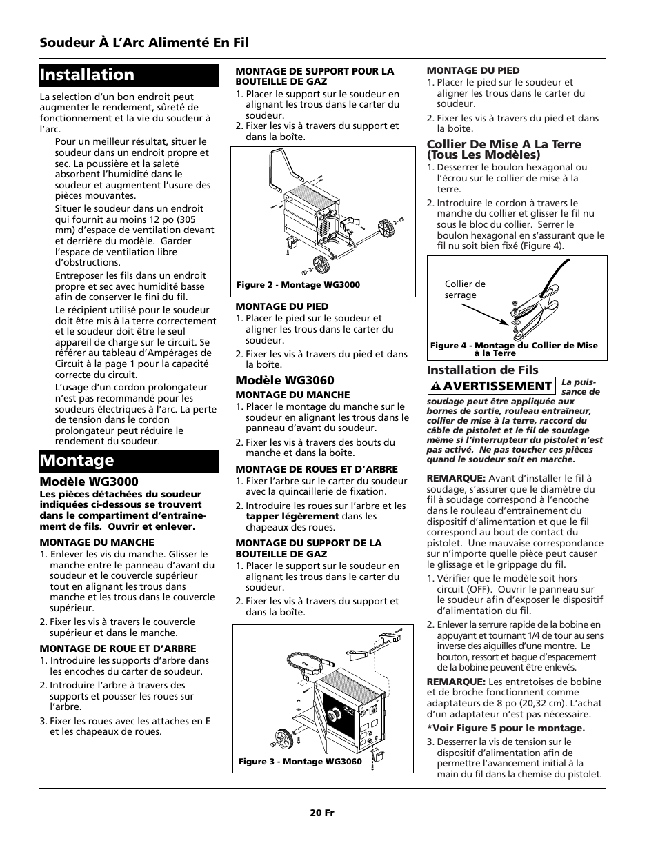 Installation montage, Avertissement, Soudeur à l’arc alimenté en fil | Campbell Hausfeld WG3060 User Manual | Page 20 / 48