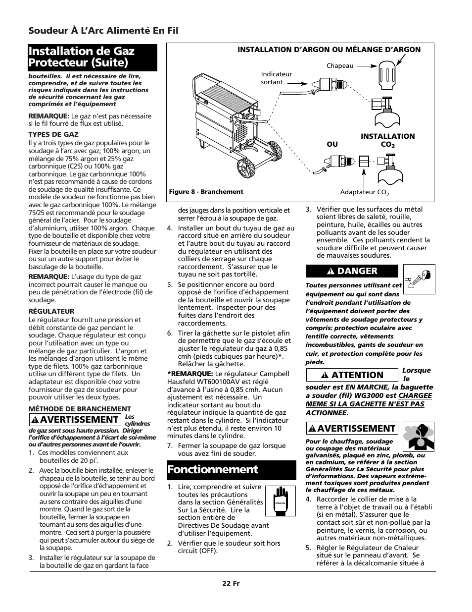 Installation de gaz protecteur (suite), Fonctionnement, Soudeur à l’arc alimenté en fil | Avertissement, Attention, Danger | Campbell Hausfeld WG3060 User Manual | Page 22 / 48