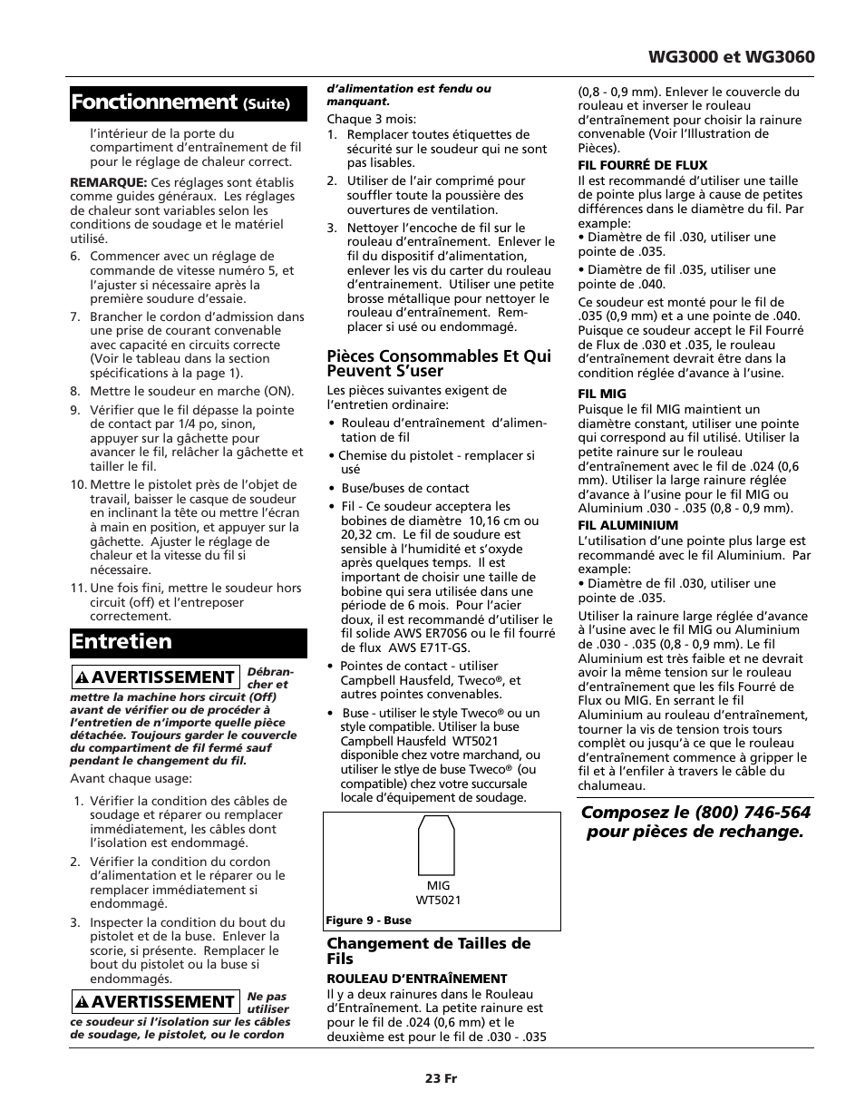 Entretien, Fonctionnement, Avertissement | Pièces consommables et qui peuvent s’user | Campbell Hausfeld WG3060 User Manual | Page 23 / 48