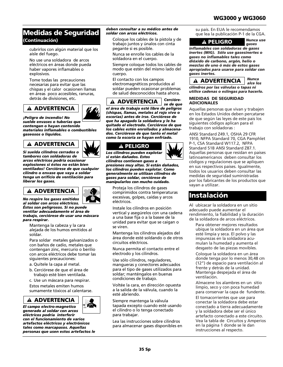 Medidas de seguridad, Instalación, Advertencia | Peligro | Campbell Hausfeld WG3060 User Manual | Page 35 / 48