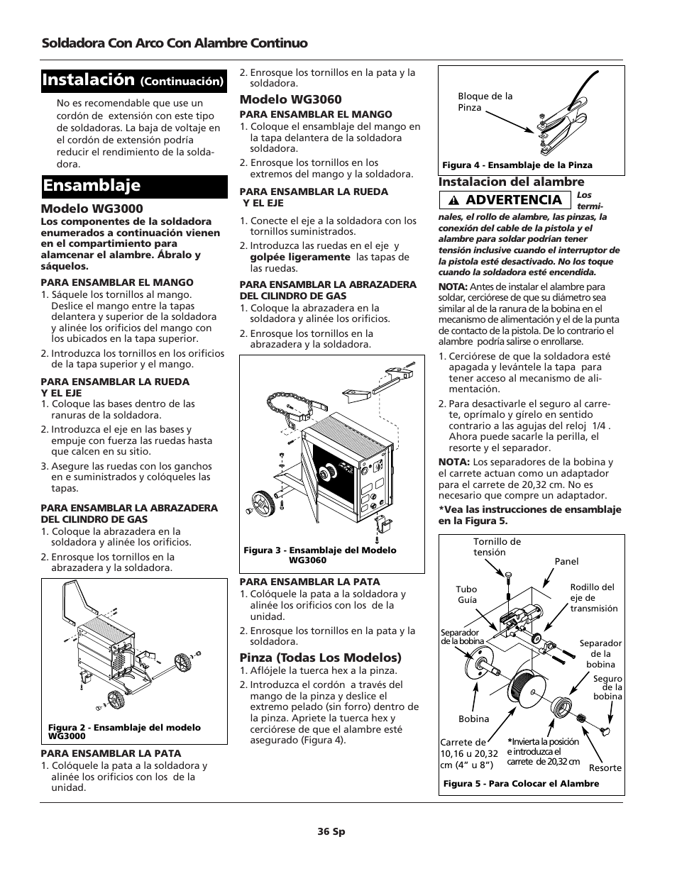 Ensamblaje, Instalación, Soldadora con arco con alambre continuo | Advertencia | Campbell Hausfeld WG3060 User Manual | Page 36 / 48