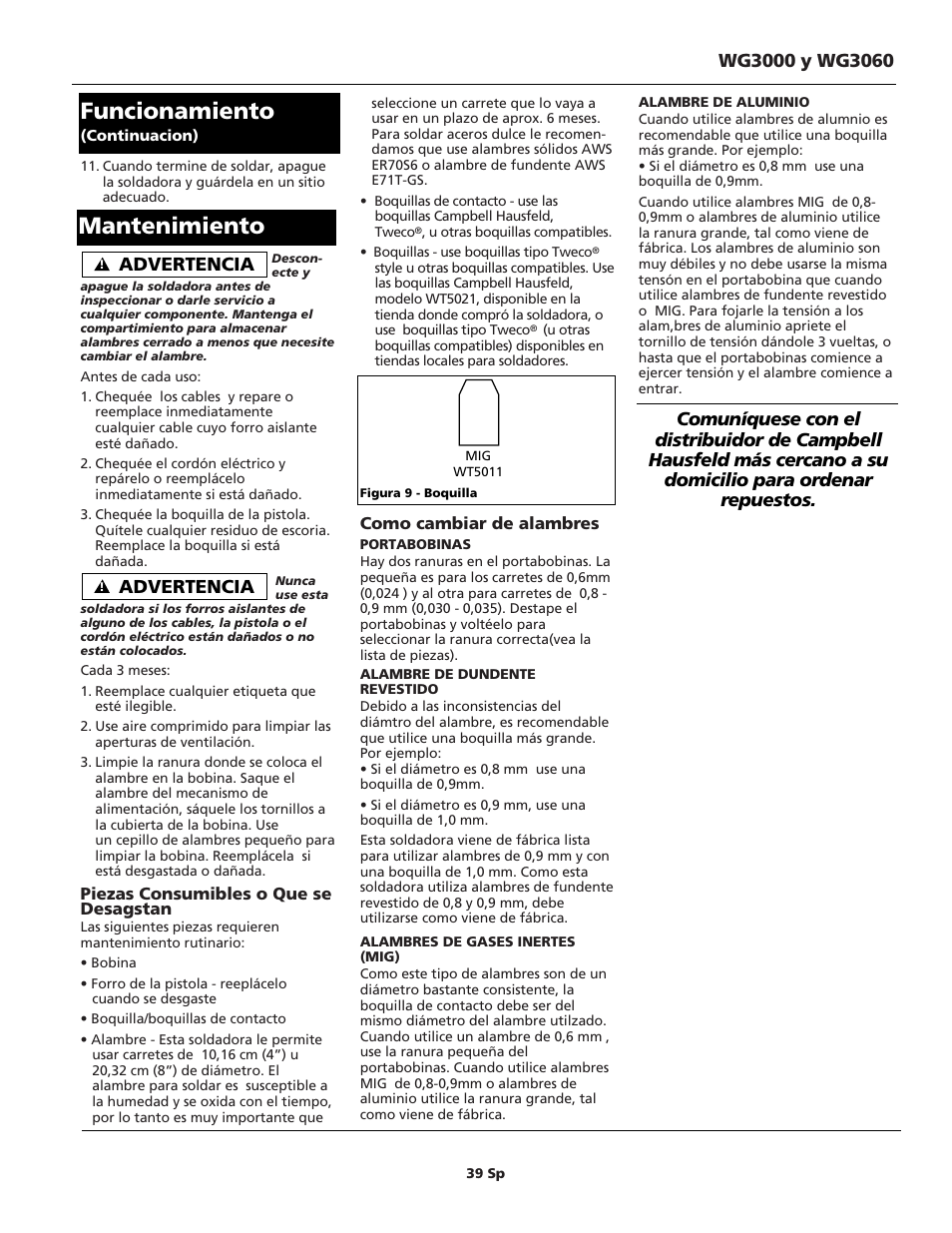 Funcionamiento, Mantenimiento, Advertencia | Campbell Hausfeld WG3060 User Manual | Page 39 / 48