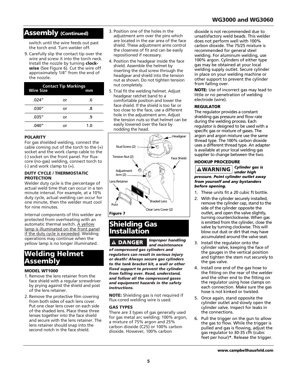 Assembly, Welding helmet assembly shielding gas installation | Campbell Hausfeld WG3060 User Manual | Page 5 / 48