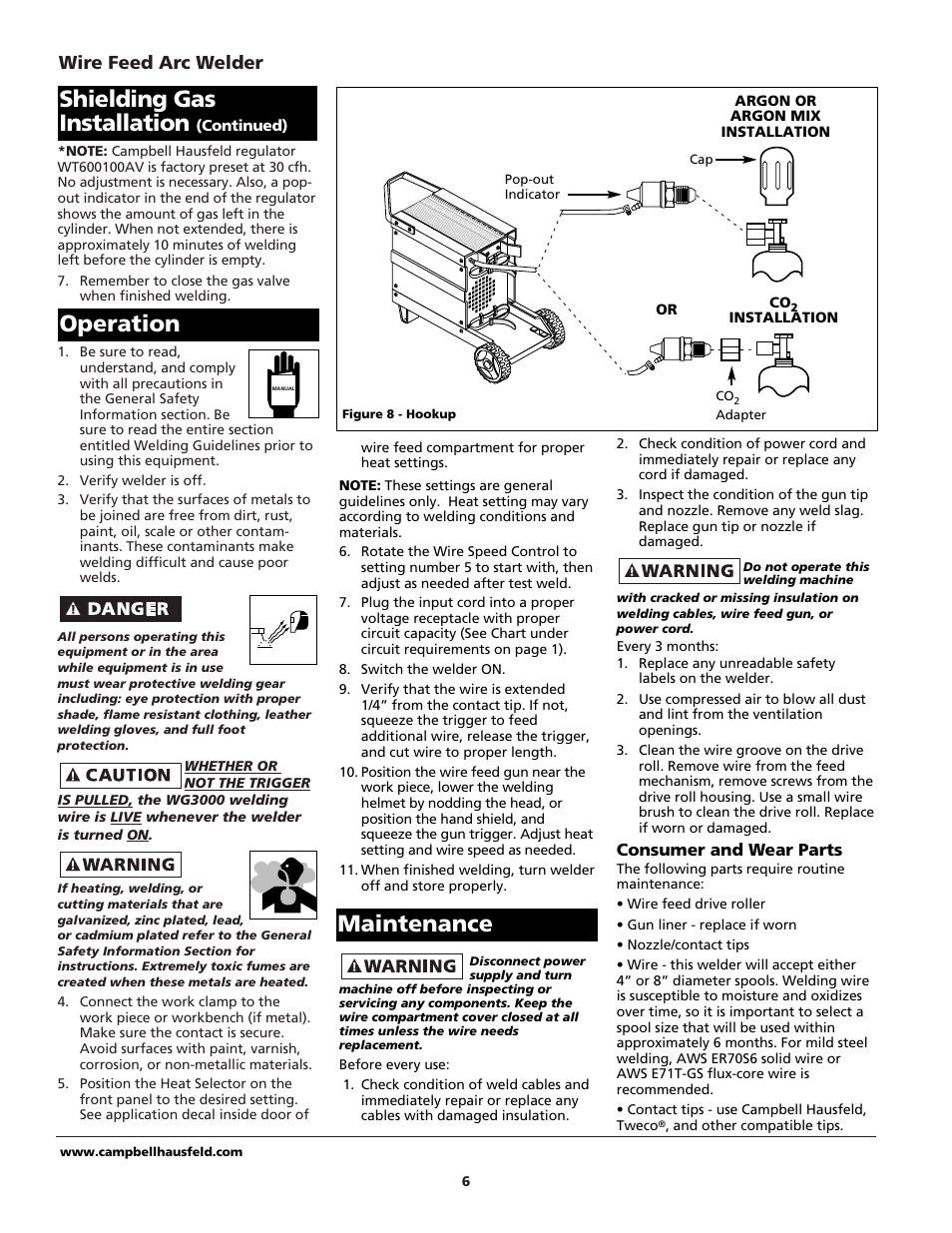 Operation maintenance, Shielding gas installation, Wire feed arc welder | Campbell Hausfeld WG3060 User Manual | Page 6 / 48