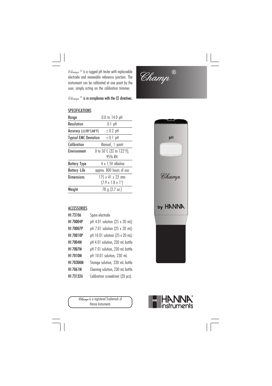 Hanna Instruments HI 98106 User Manual | 2 pages