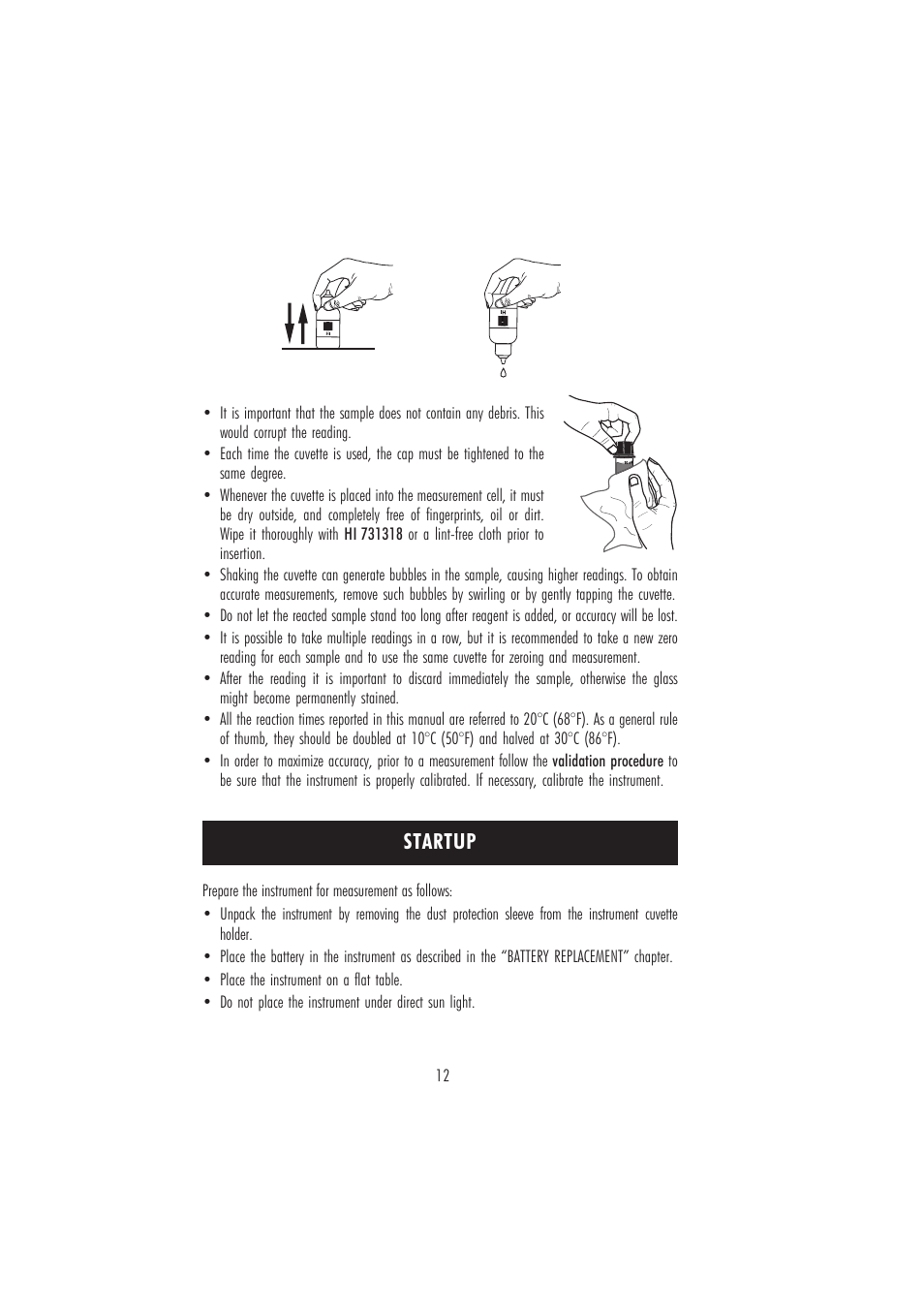 Startup | Hanna Instruments HI 96104 User Manual | Page 12 / 28