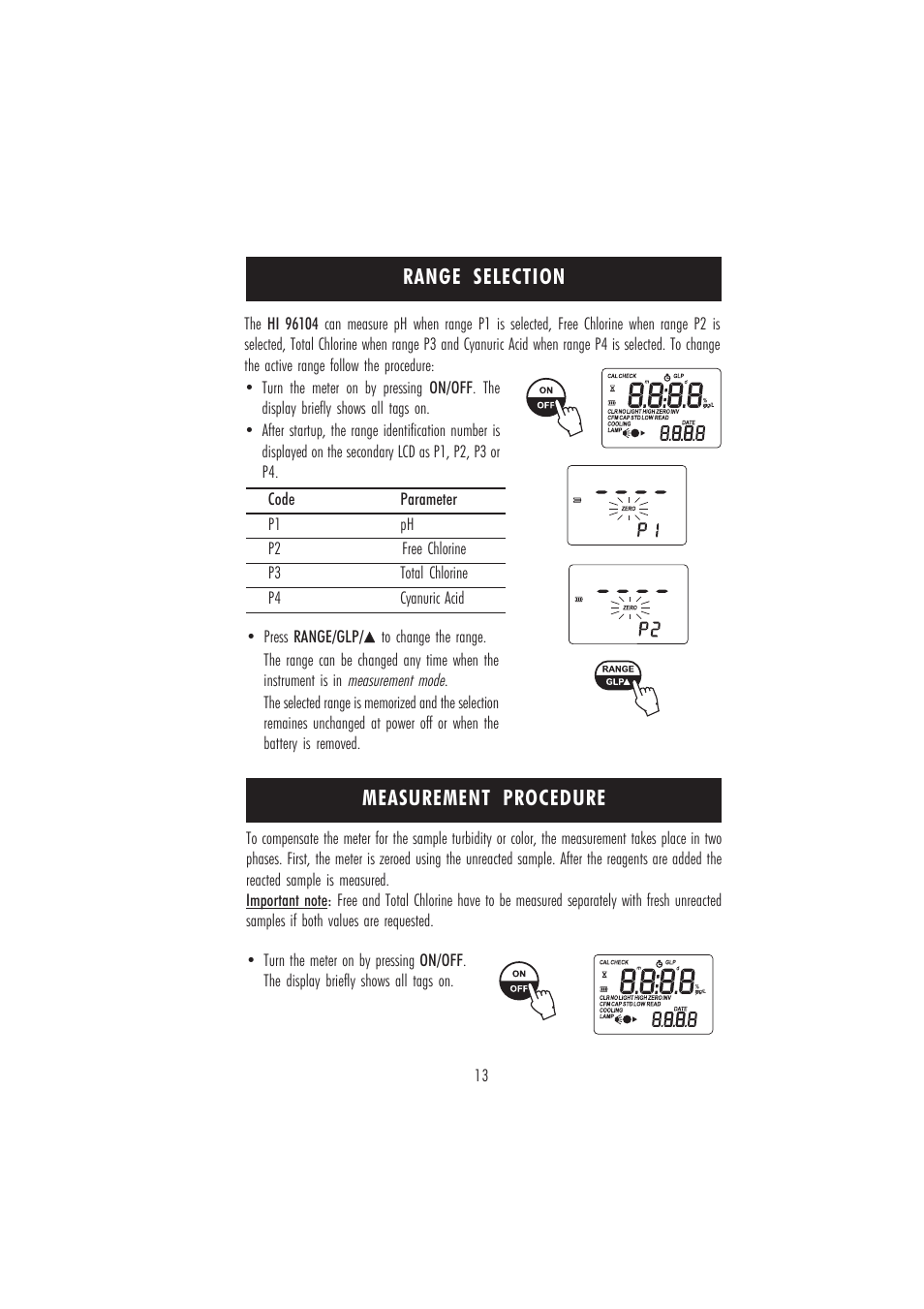Range selection, Measurement procedure | Hanna Instruments HI 96104 User Manual | Page 13 / 28