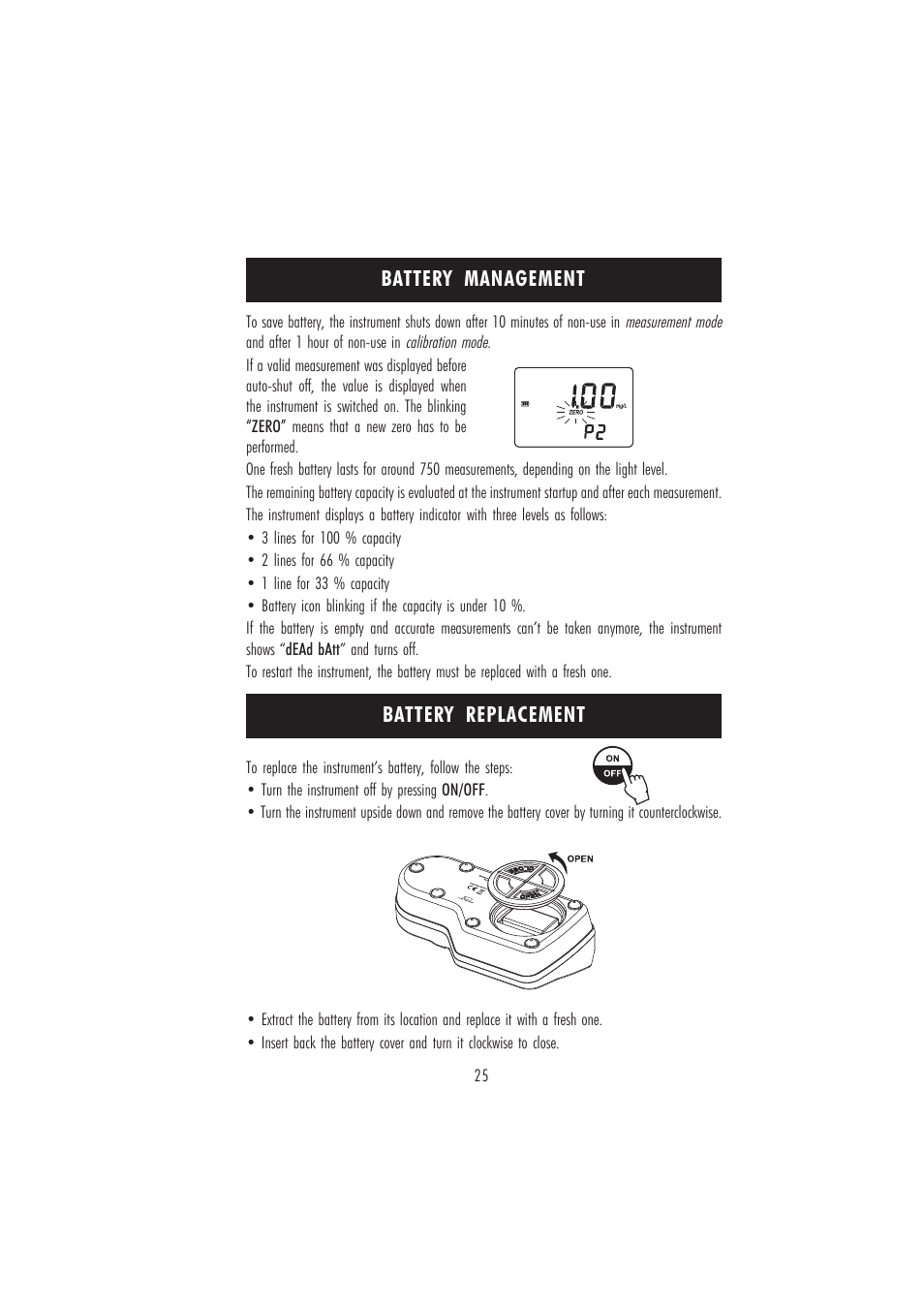 Battery replacement battery management | Hanna Instruments HI 96104 User Manual | Page 25 / 28