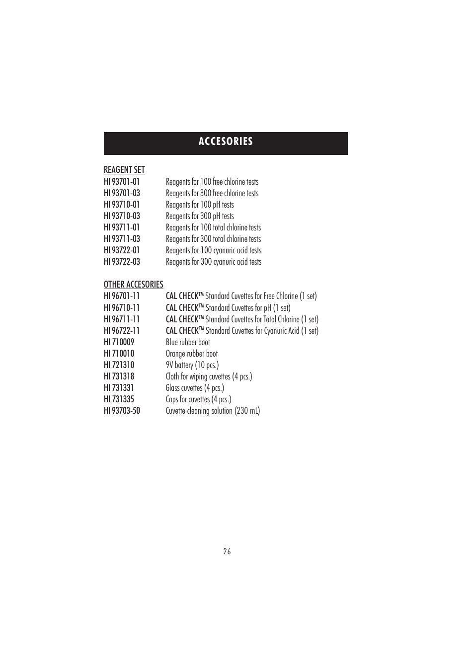 Accesories | Hanna Instruments HI 96104 User Manual | Page 26 / 28