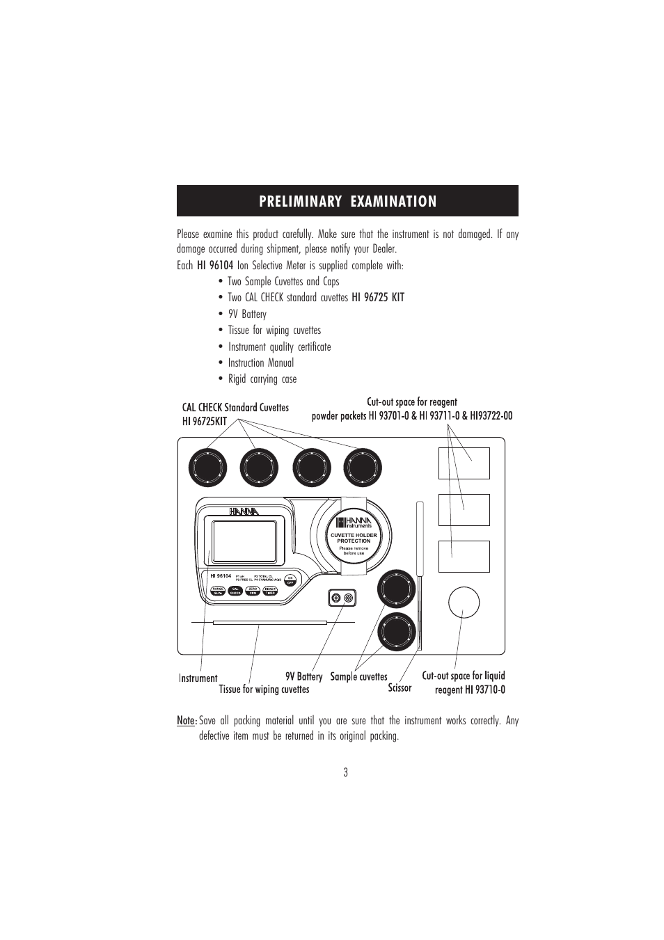 Preliminary examination | Hanna Instruments HI 96104 User Manual | Page 3 / 28