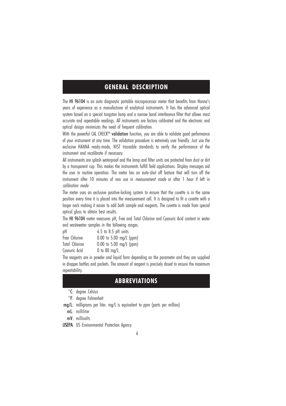 General description abbreviations | Hanna Instruments HI 96104 User Manual | Page 4 / 28