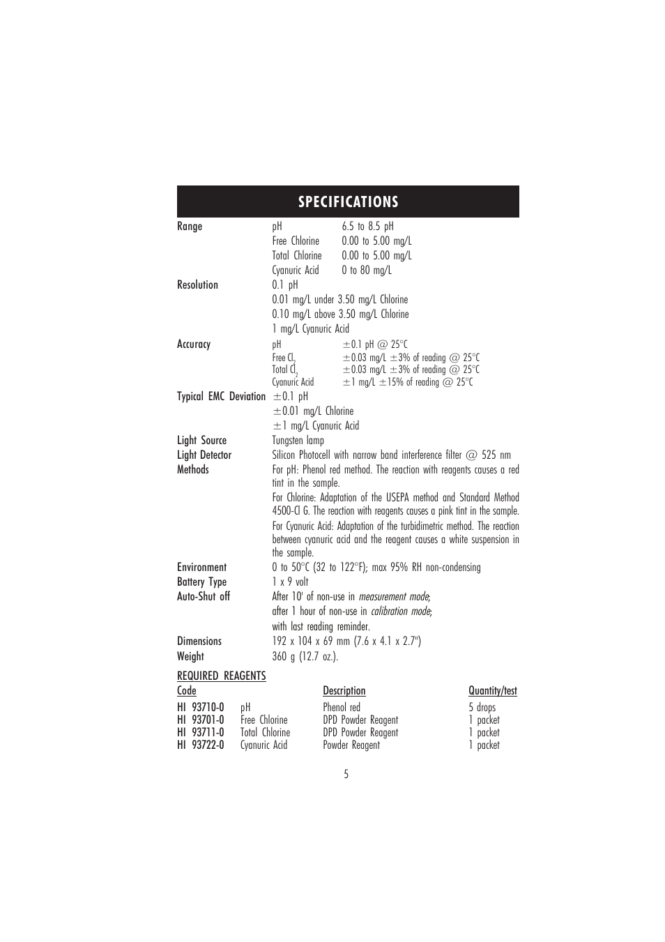 Specifications | Hanna Instruments HI 96104 User Manual | Page 5 / 28