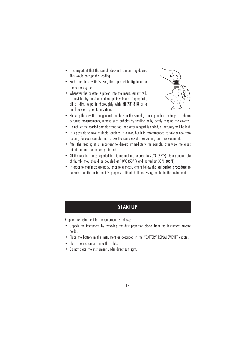 Startup | Hanna Instruments HI 96101 User Manual | Page 15 / 36