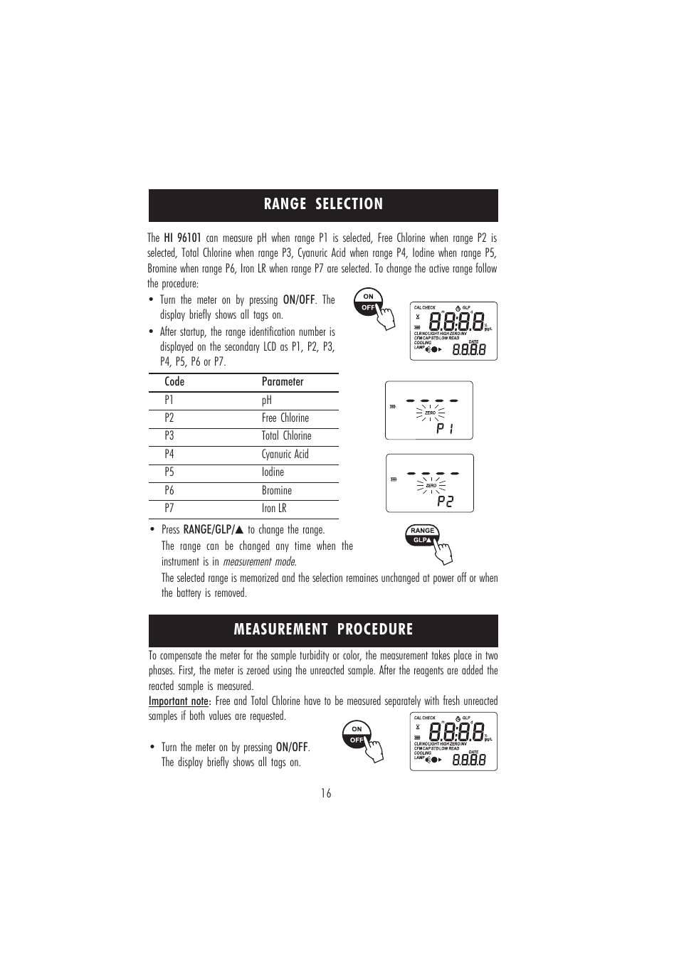 Range selection, Measurement procedure | Hanna Instruments HI 96101 User Manual | Page 16 / 36