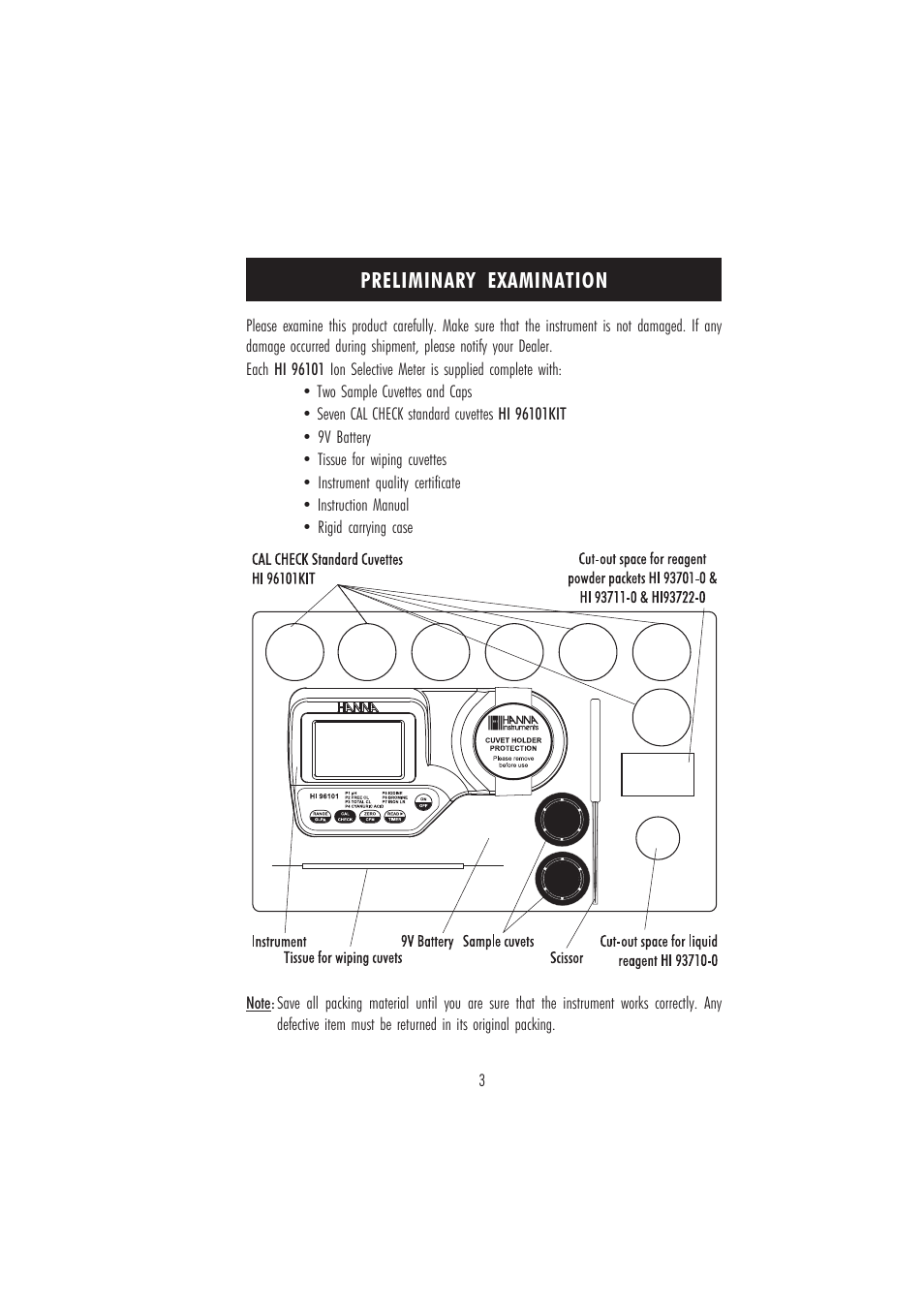 Preliminary examination | Hanna Instruments HI 96101 User Manual | Page 3 / 36