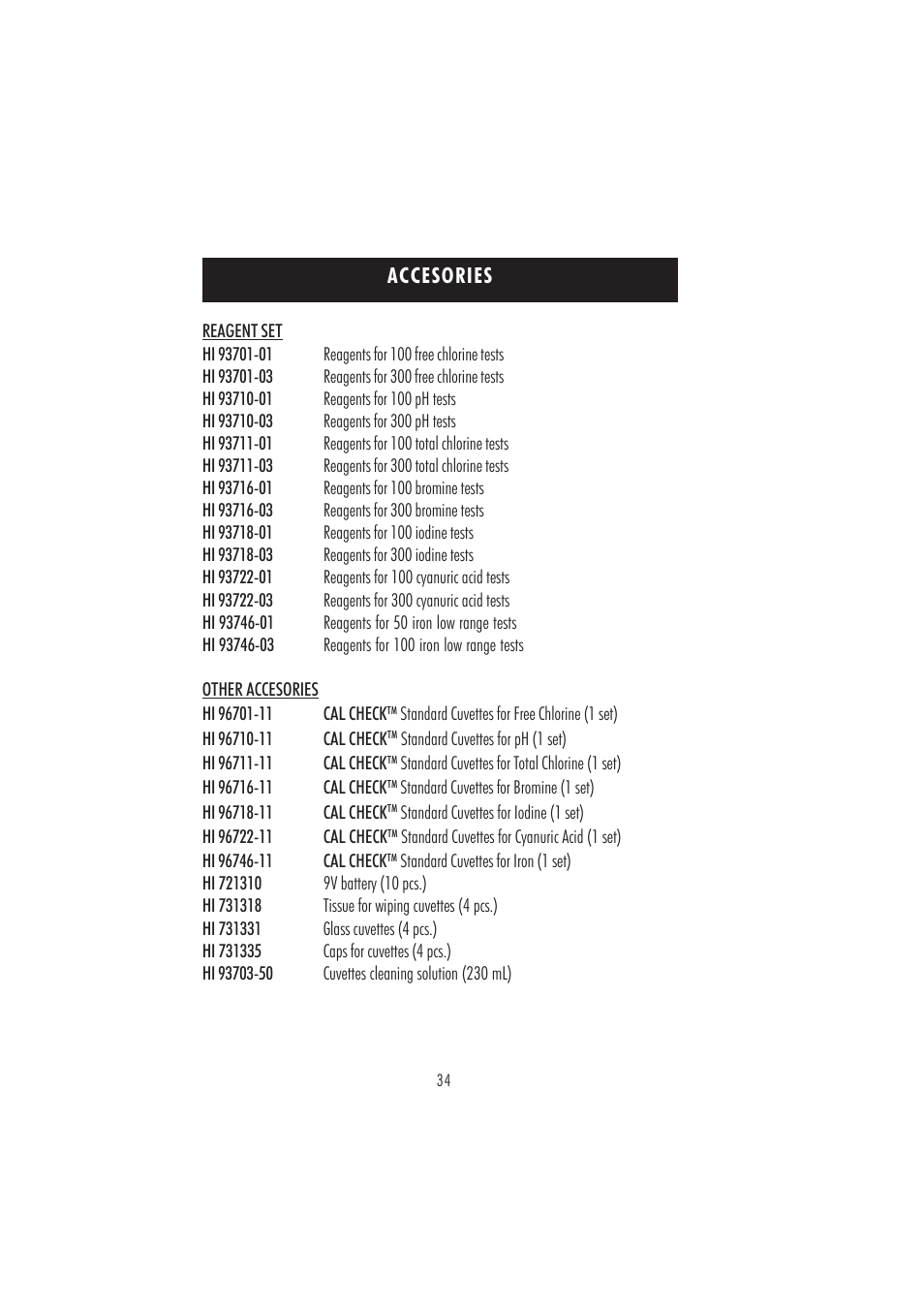 Accesories | Hanna Instruments HI 96101 User Manual | Page 34 / 36