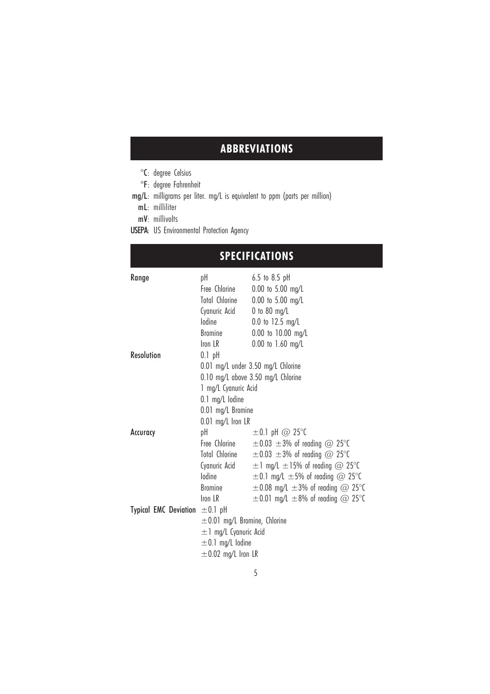 Abbreviations specifications | Hanna Instruments HI 96101 User Manual | Page 5 / 36