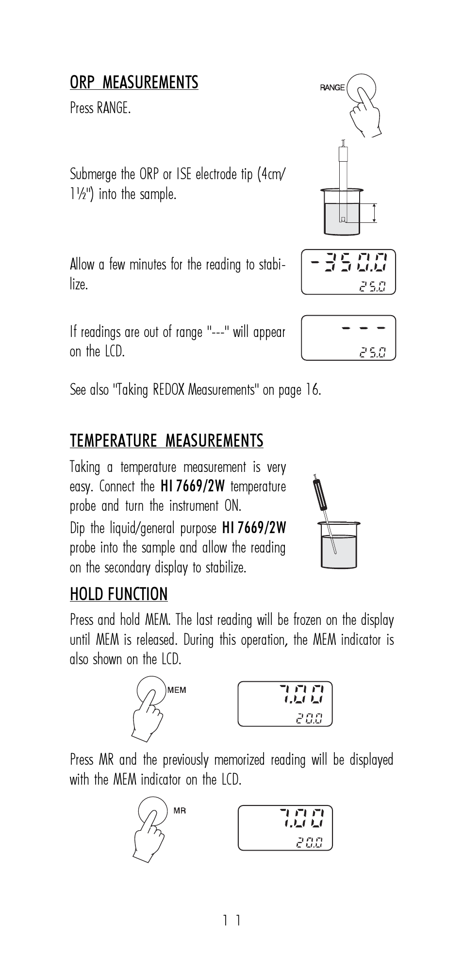 Orp measurements, Temperature measurements, Hold function | Hanna Instruments HI 9321 User Manual | Page 11 / 36