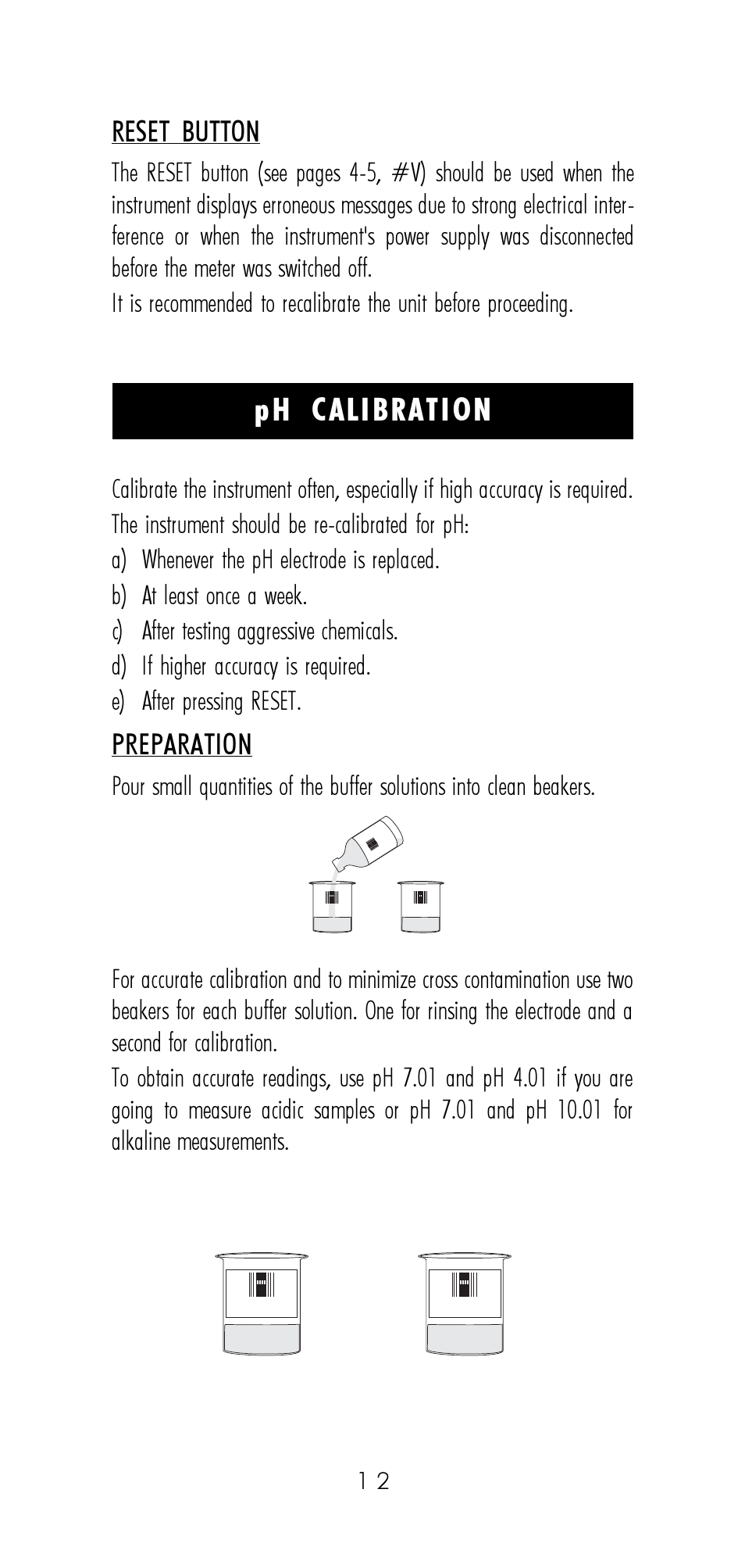 Ph calibration, Reset button, Preparation | Hanna Instruments HI 9321 User Manual | Page 12 / 36