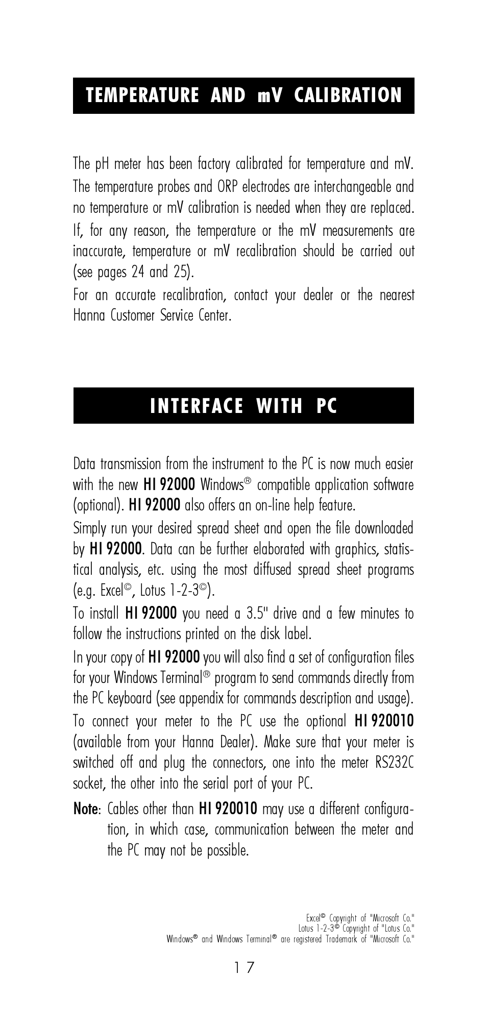 Temperature and mv calibration, Interface with pc, Lotus 1-2-3 | Hanna Instruments HI 9321 User Manual | Page 17 / 36
