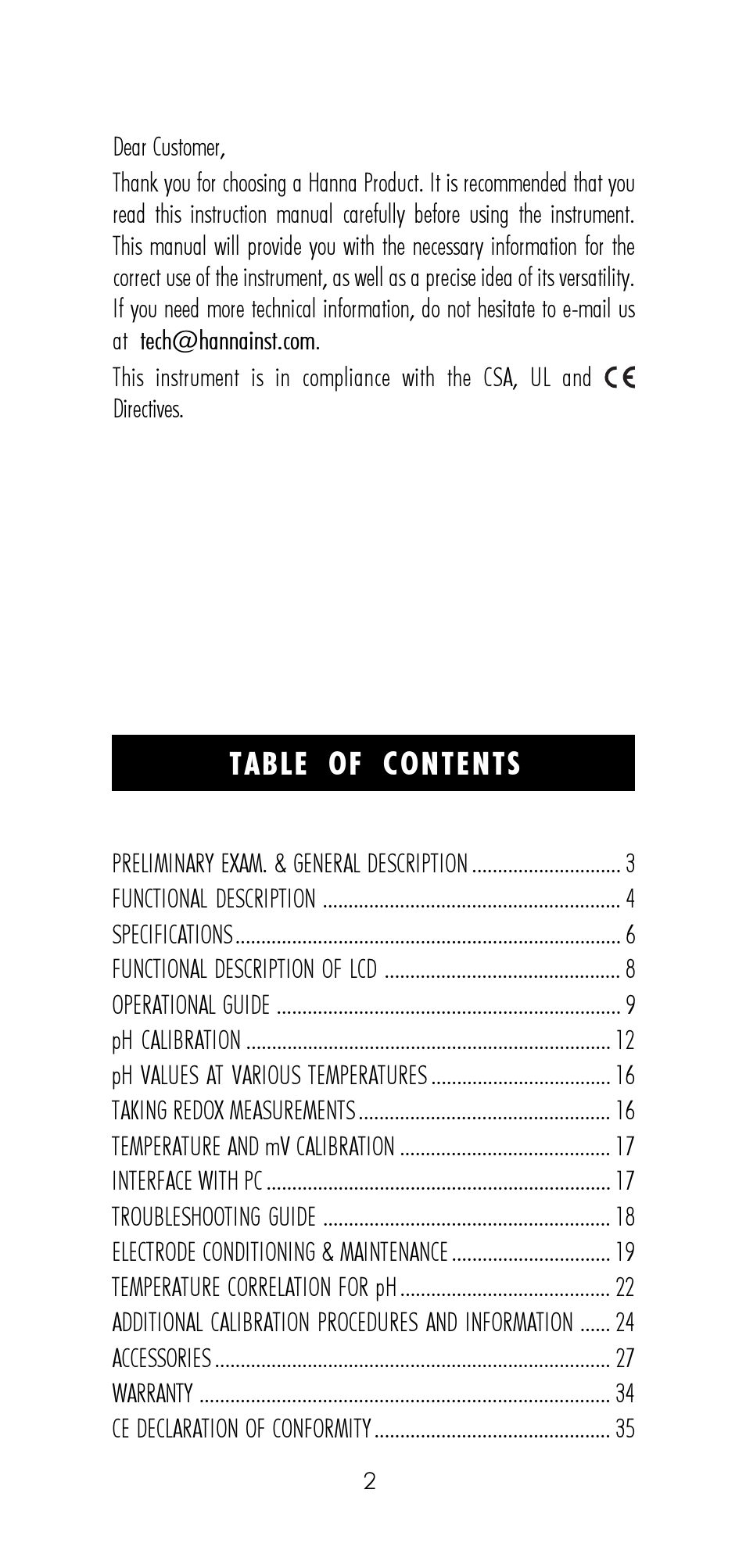 Hanna Instruments HI 9321 User Manual | Page 2 / 36