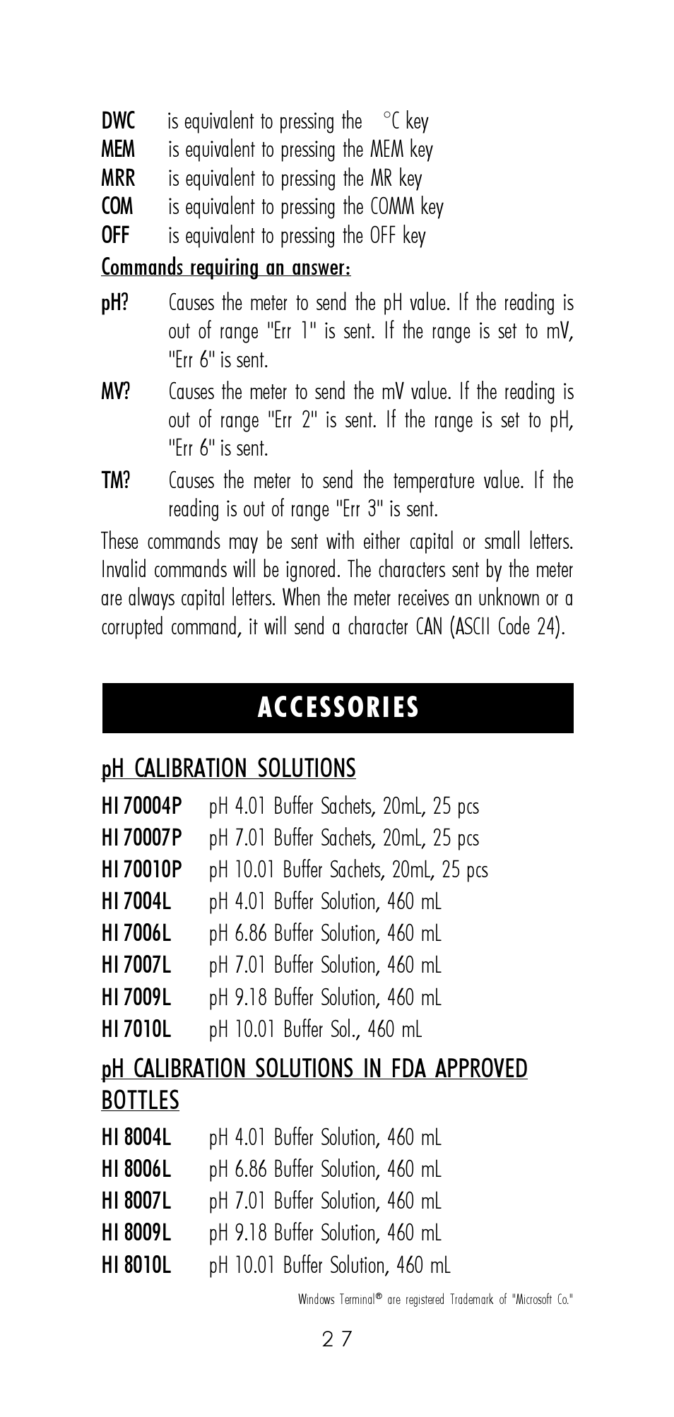Accessories, Ph calibration solutions, Ph calibration solutions in fda approved bottles | Hanna Instruments HI 9321 User Manual | Page 27 / 36