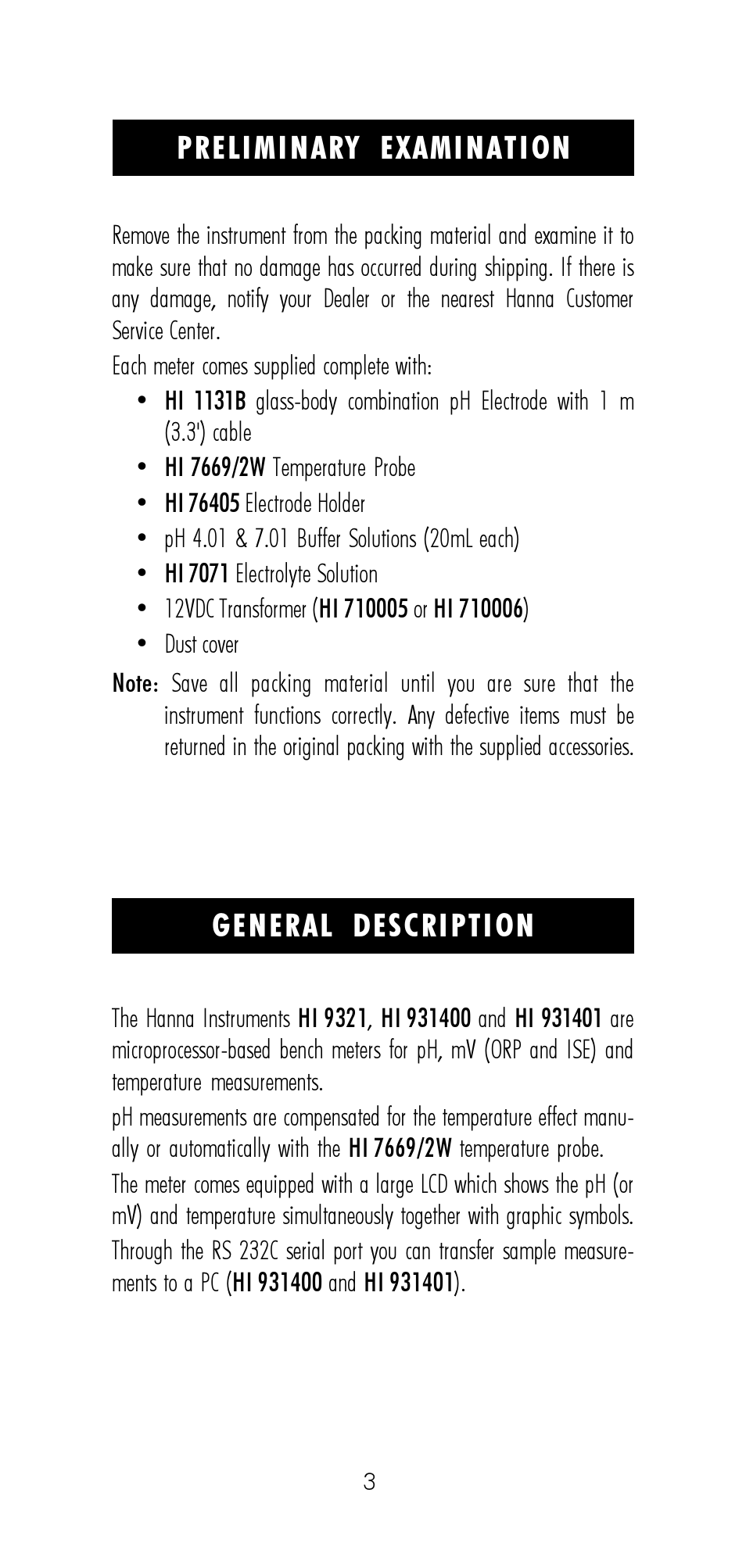 Preliminary examination, General description | Hanna Instruments HI 9321 User Manual | Page 3 / 36