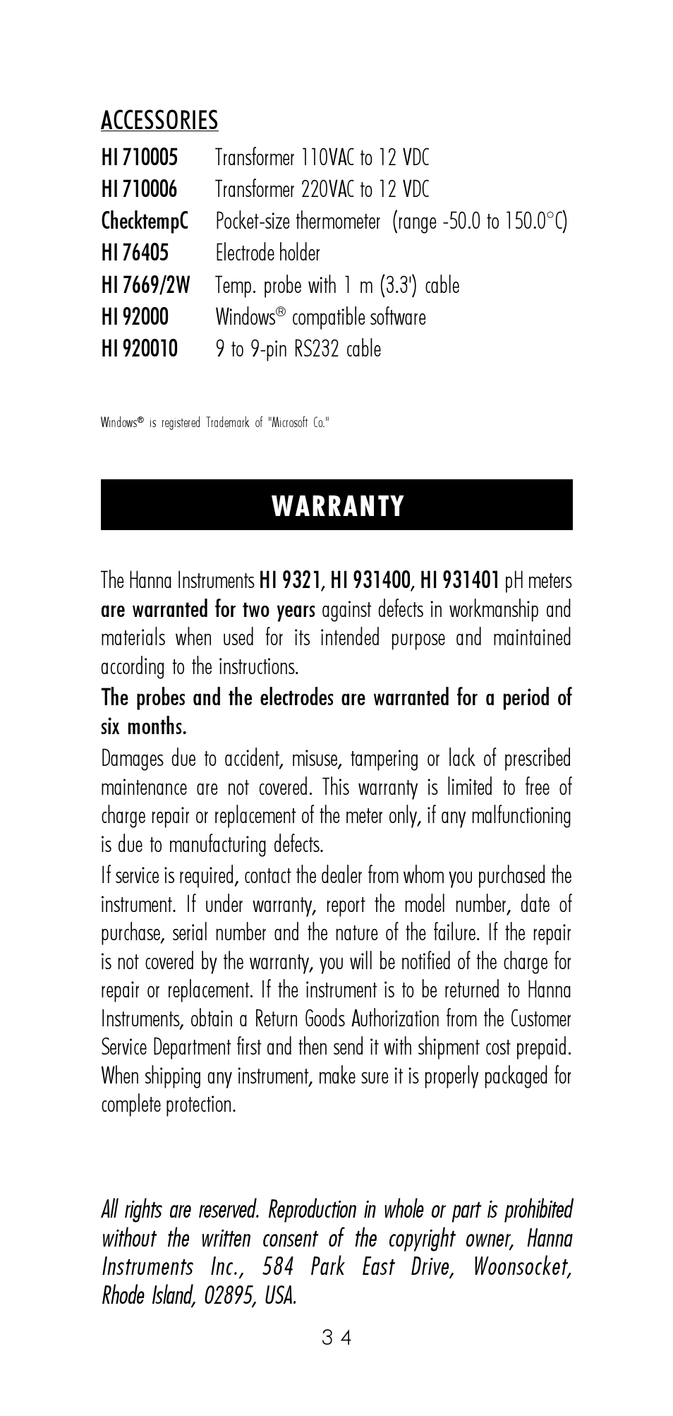 Warranty, Accessories | Hanna Instruments HI 9321 User Manual | Page 34 / 36