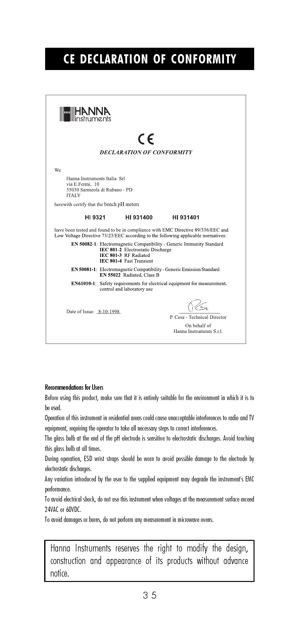 Ce declaration of conformity | Hanna Instruments HI 9321 User Manual | Page 35 / 36