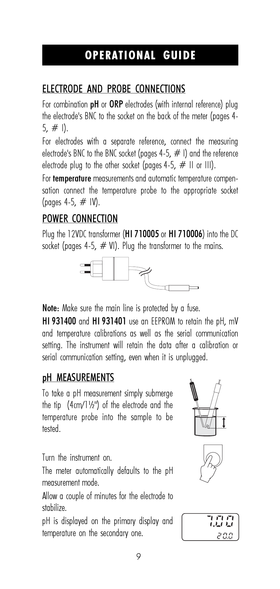 Operational guide, Electrode and probe connections, Power connection | Ph measurements | Hanna Instruments HI 9321 User Manual | Page 9 / 36