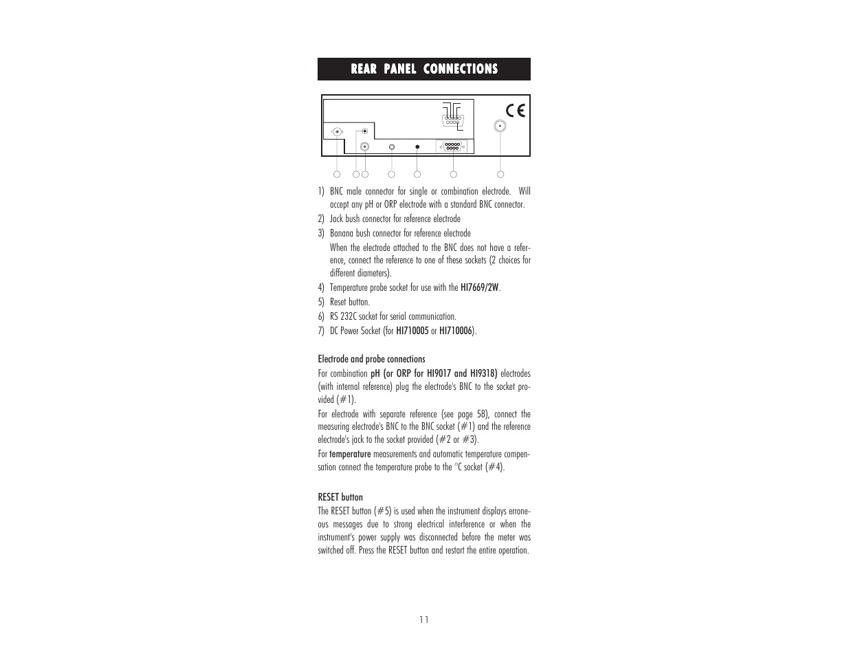 Rear panel connections | Hanna Instruments HI 9017 User Manual | Page 11 / 64
