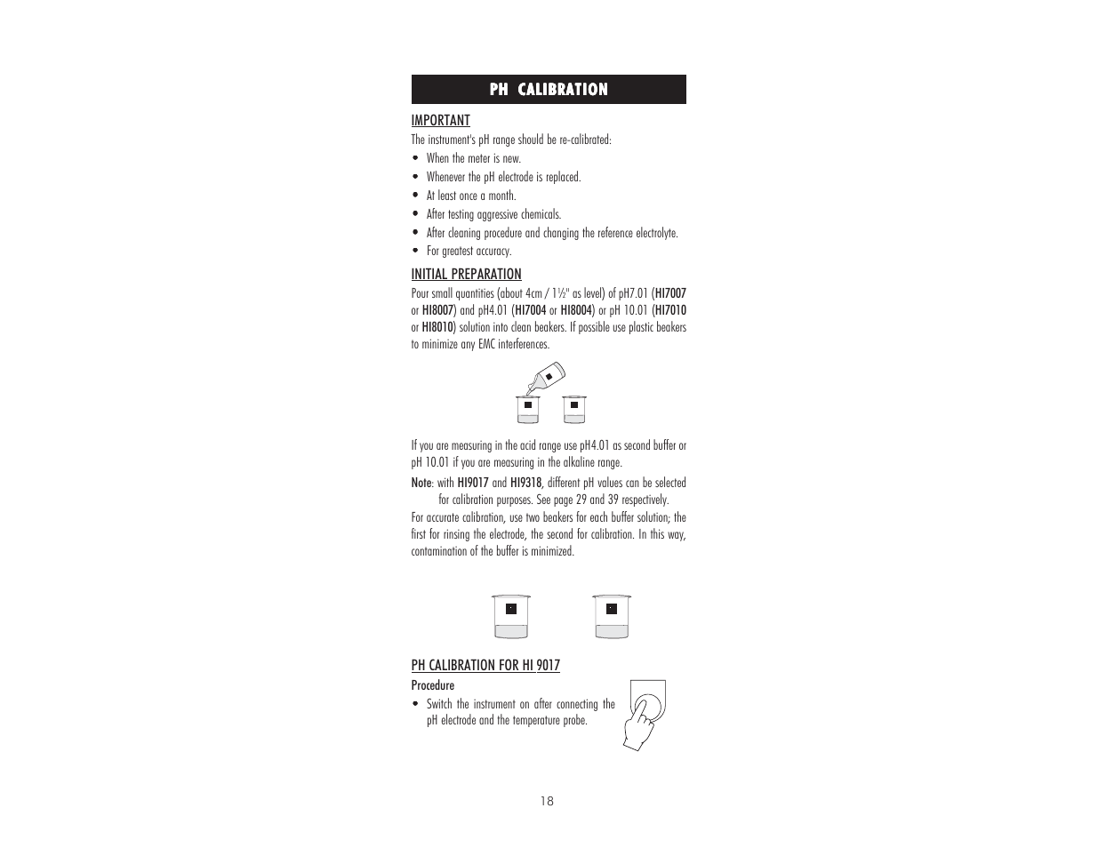 Ph calibration | Hanna Instruments HI 9017 User Manual | Page 18 / 64