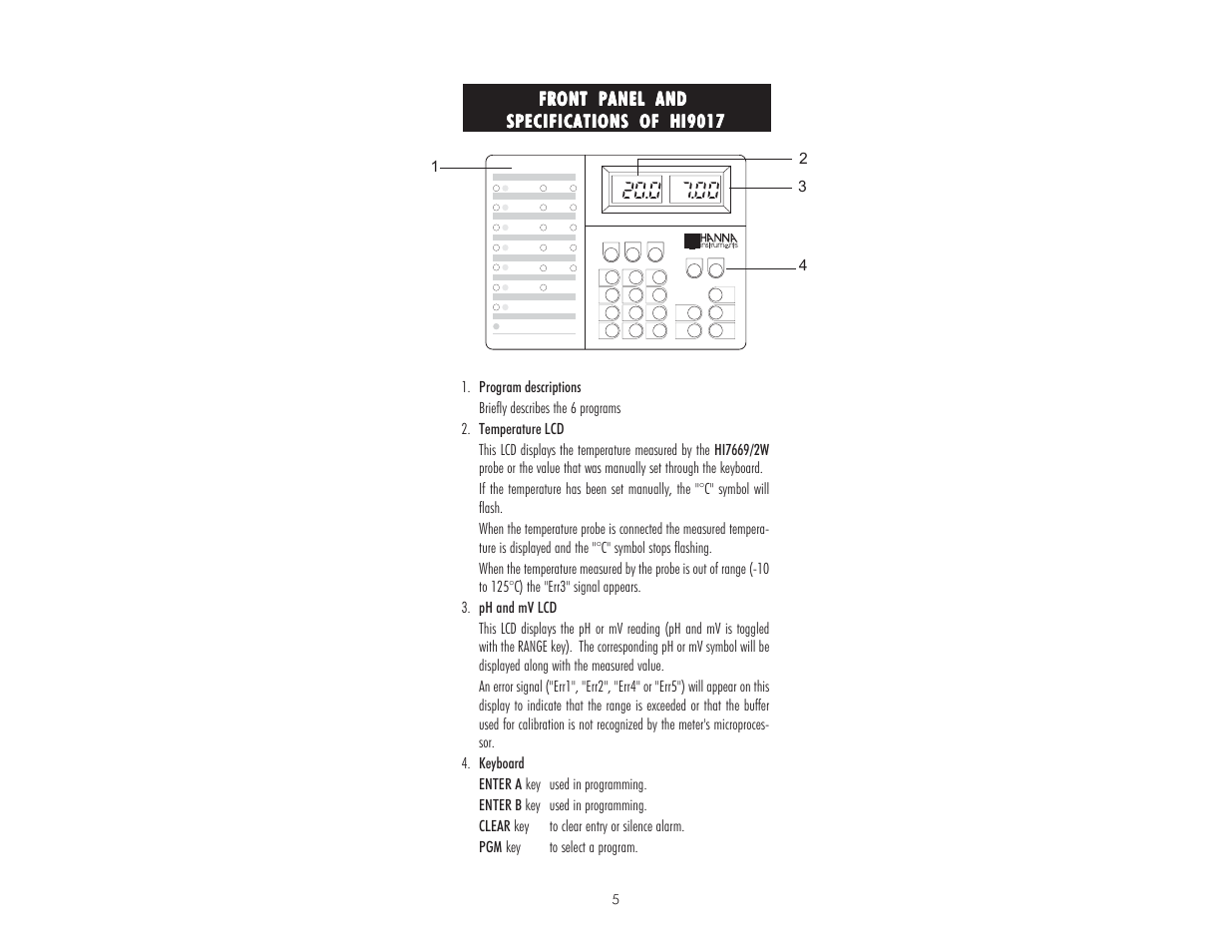 Front panel and | Hanna Instruments HI 9017 User Manual | Page 5 / 64