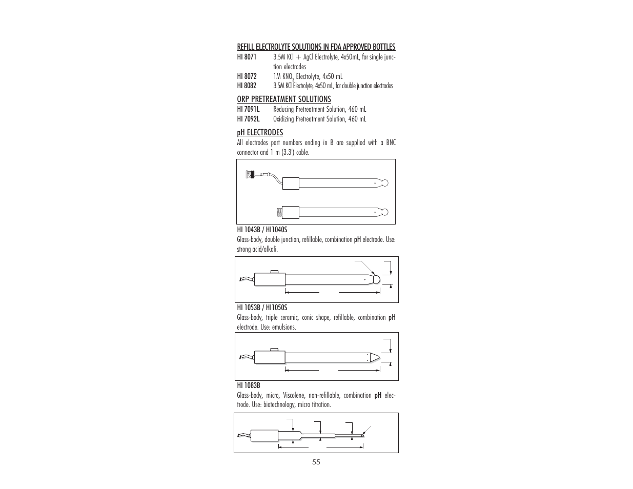 Orp pretreatment solutions, Ph electrodes | Hanna Instruments HI 9017 User Manual | Page 55 / 64