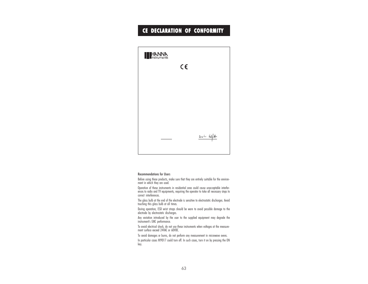 Ce declaration of conformity | Hanna Instruments HI 9017 User Manual | Page 63 / 64