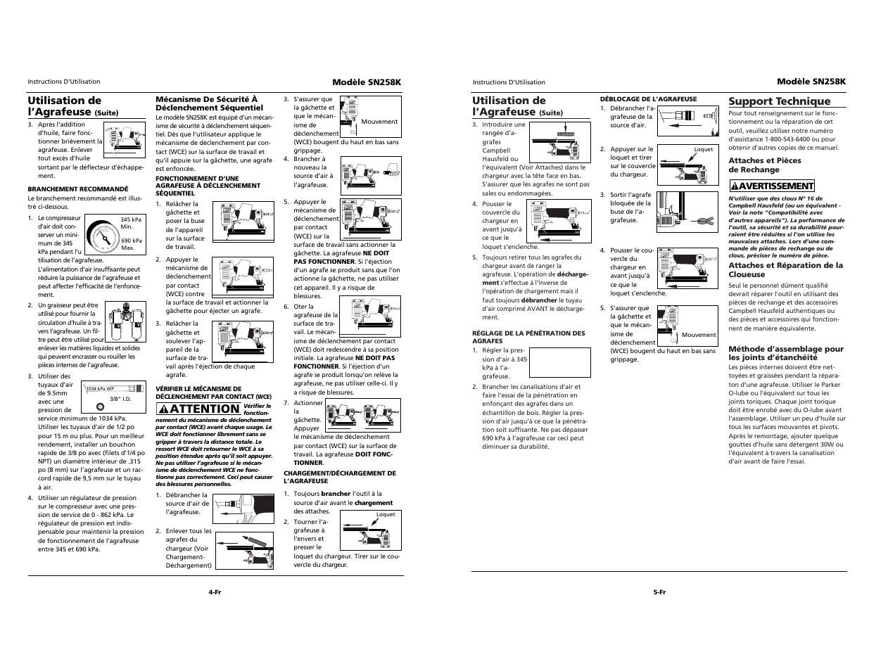 Attention, Utilisation de l’agrafeuse, Support technique | Campbell Hausfeld SN528K User Manual | Page 10 / 16