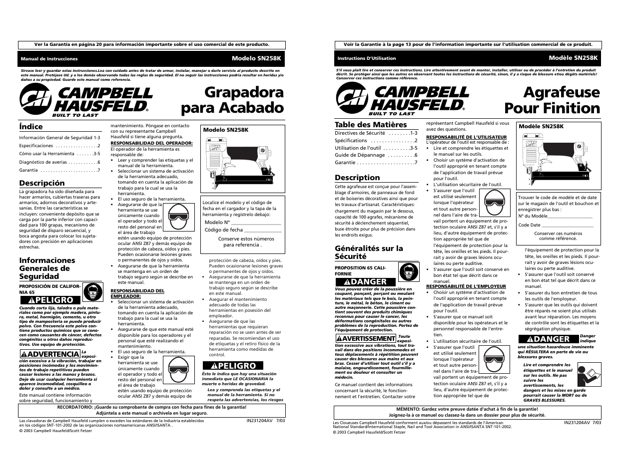 Grapadora para acabado, Agrafeuse pour finition, Peligro | Danger | Campbell Hausfeld SN528K User Manual | Page 12 / 16