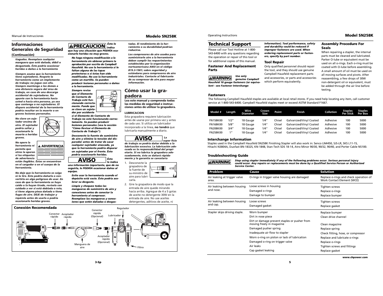 Aviso, O i l, Precaucion | Cómo usar la gra- padora, Technical support | Campbell Hausfeld SN528K User Manual | Page 14 / 16