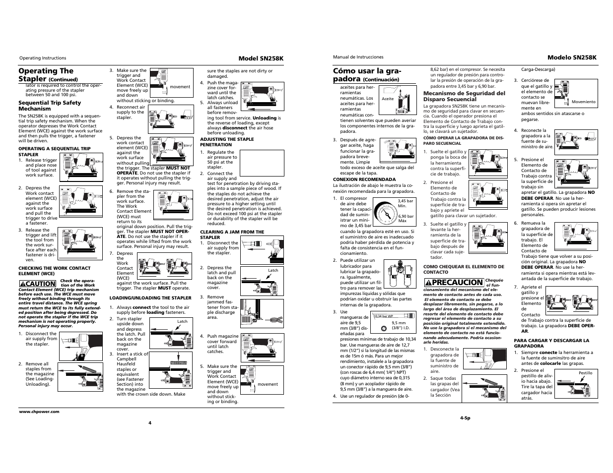 Precaucion, Cómo usar la gra- padora, Operating the stapler | Campbell Hausfeld SN528K User Manual | Page 15 / 16