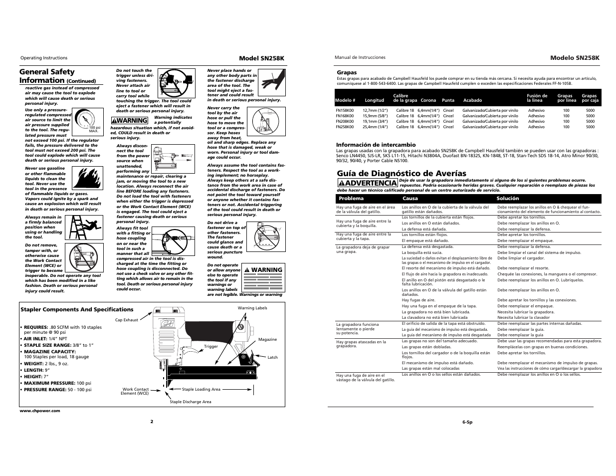Campbell, Guía de diagnóstico de averías, Advertencia | General safety information | Campbell Hausfeld SN528K User Manual | Page 2 / 16