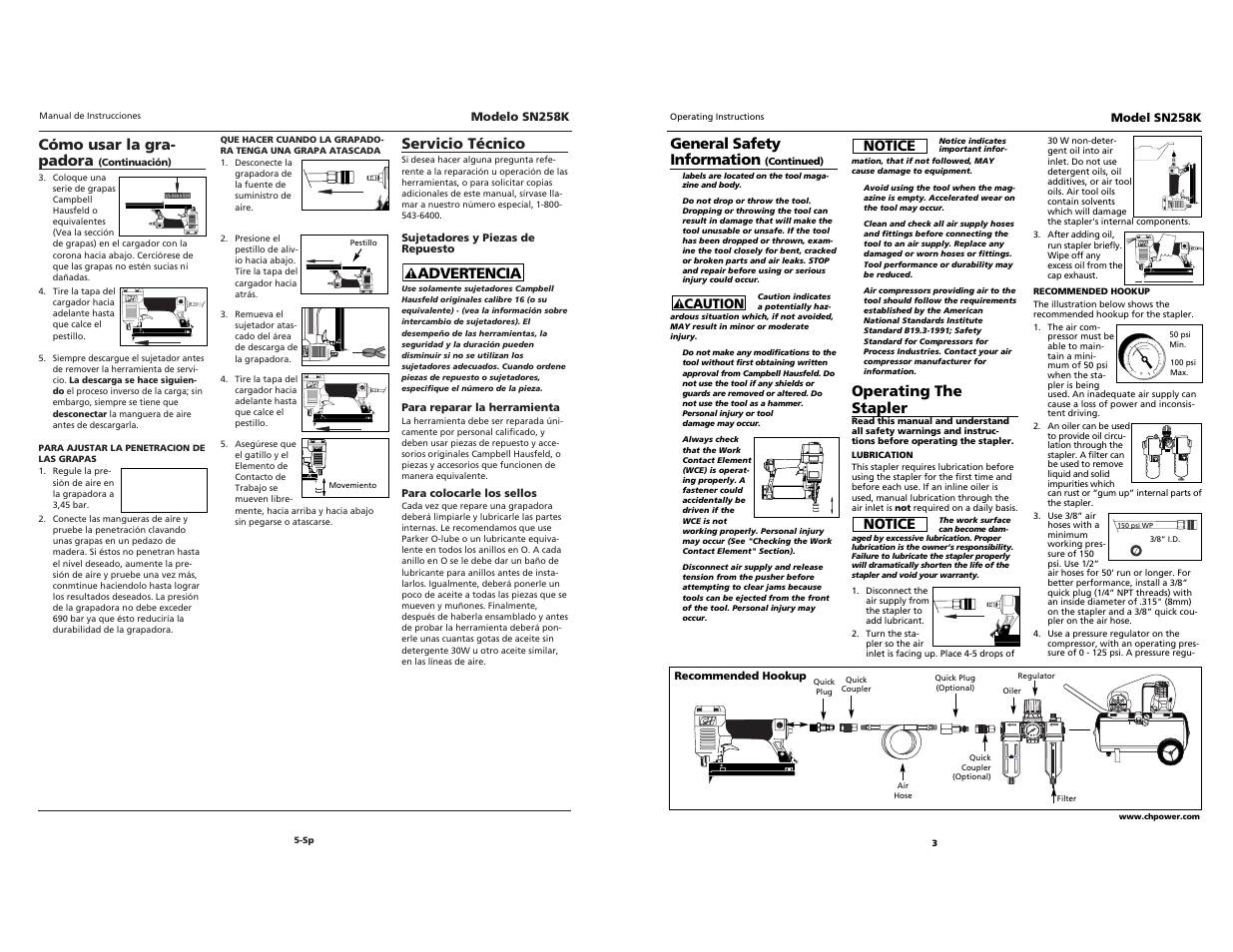 Cómo usar la gra- padora, Servicio técnico, Advertencia | General safety information, Operating the stapler, Notice | Campbell Hausfeld SN528K User Manual | Page 3 / 16