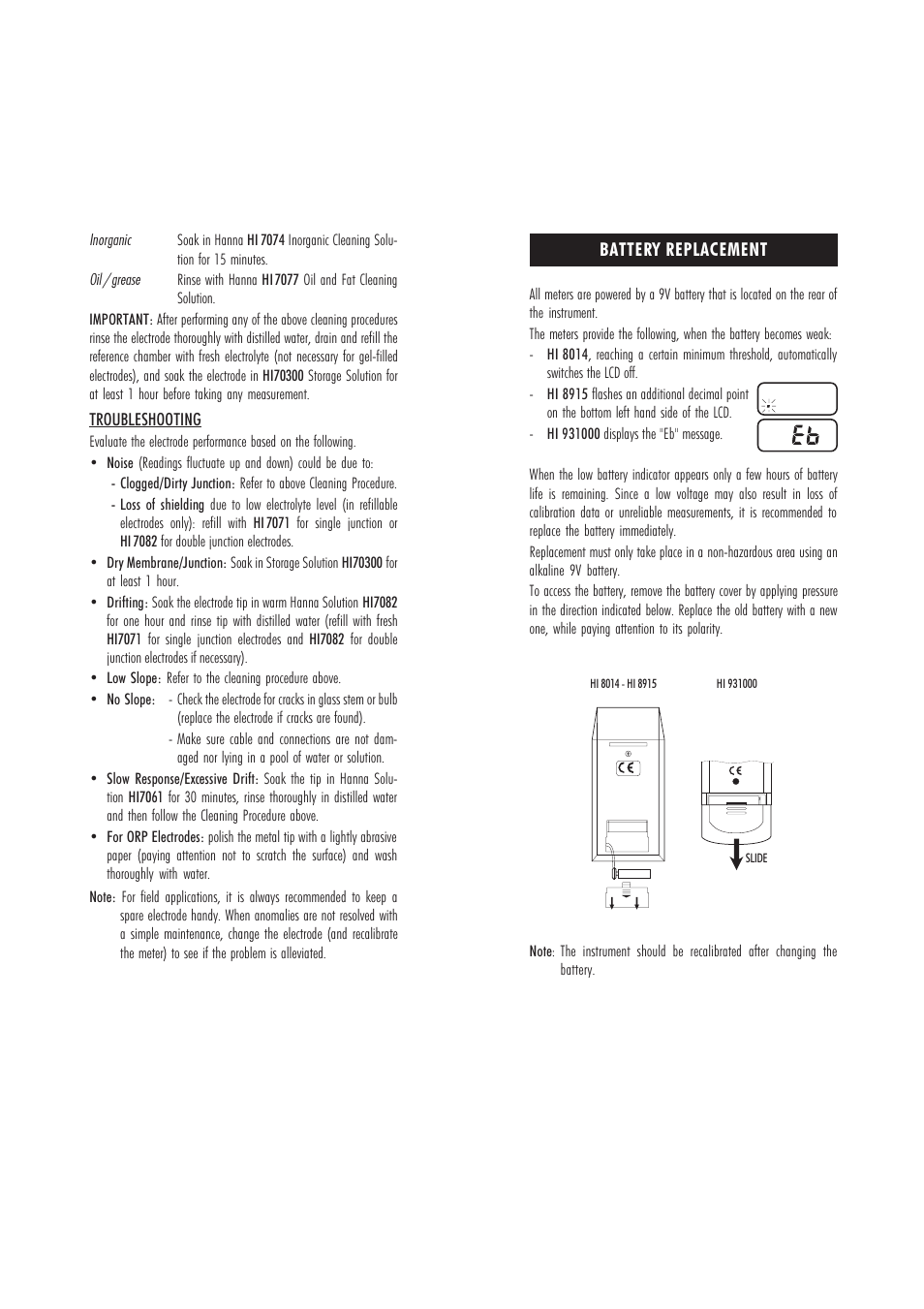 Battery replacement | Hanna Instruments HI 8014 User Manual | Page 12 / 15