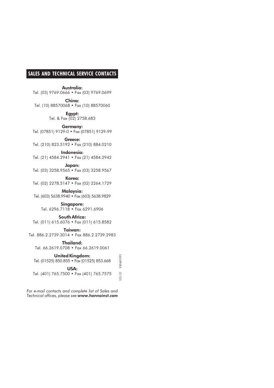 Sales and technical service contacts | Hanna Instruments HI 8014 User Manual | Page 15 / 15